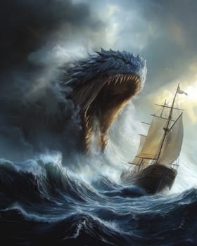 Attack of a sea monster on a sailing ship in a storm. Selective focus.