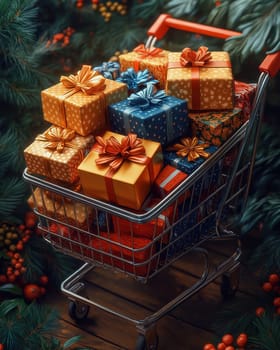 Illustration of a basket filled with beautifully wrapped gifts. Selective focus.