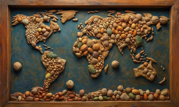 A world map laid out of nuts on a dark background. Selective focus.
