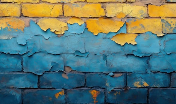 Textured brick background in blue and yellow. Selective focus.