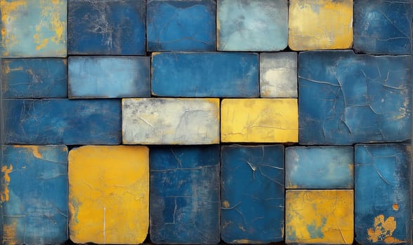 Textured brick background in blue and yellow. Selective focus.