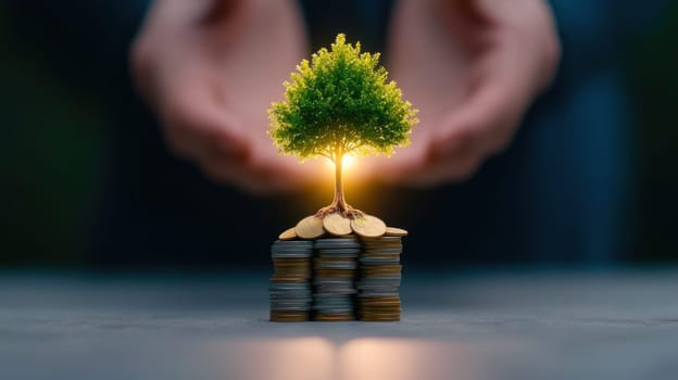 tree symbolizes growth and prosperity, emerging from stack of coins.