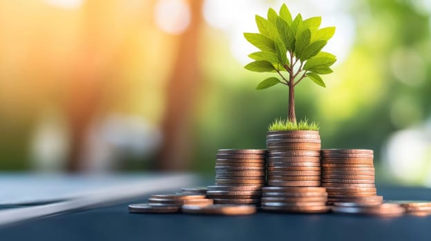 tree growing from stack of coins symbolizes financial growth and prosperity.