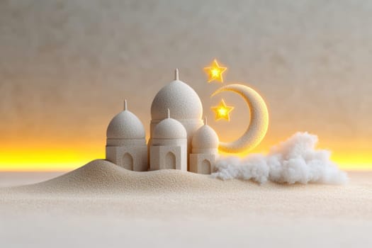 Sand mosque with crescent moon and stars, evoking tranquility and beauty.