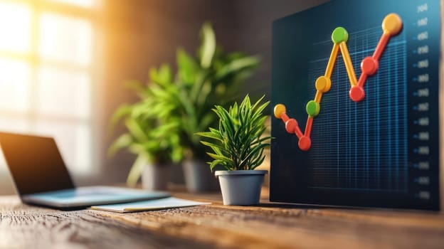 Growing graph with vibrant colors and greenery in modern workspace.