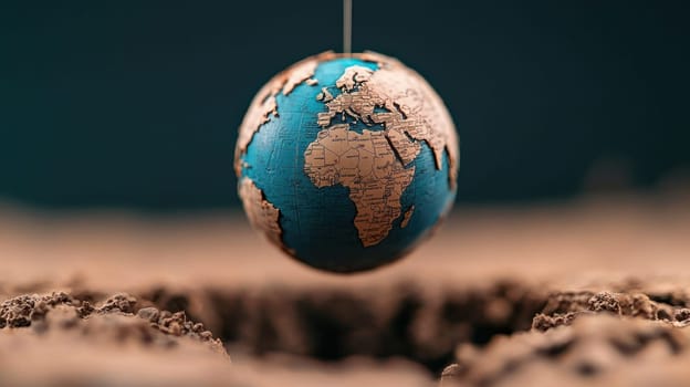 globe suspended over pit symbolizes fragility of our world.