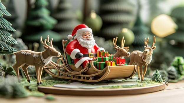 Santa Claus rides in his sleigh with reindeer and presents, spreading joy.