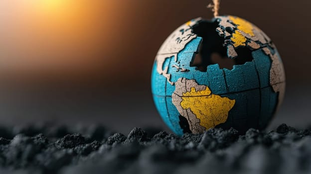 globe suspended over pit symbolizes world and its fragility.