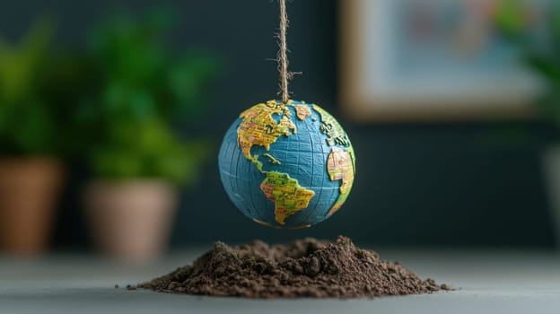 globe suspended over pit symbolizes world and its fragility.