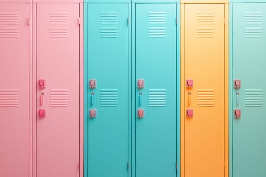 Vibrant pastel school lockers in pink, blue, and orange create cheerful atmosphere.