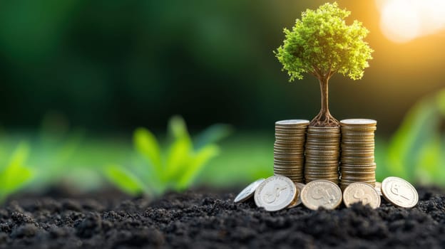 tree growing from stack of coins symbolizes growth and prosperity.