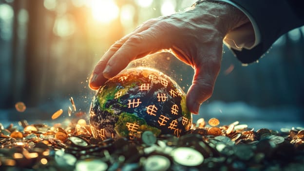 giant hand is pushing down on globe surrounded by coins, symbolizing power and wealth.