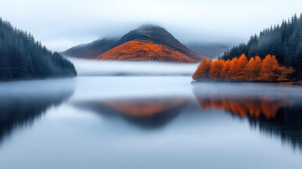 serene fog drifts over calm river, reflecting vibrant trees and mountains.