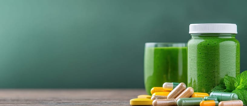 Fresh green smoothie and wellness supplements arranged neatly, promoting health.