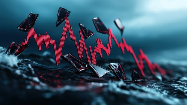 Shattered stock market graphs float in stormy sea, symbolizing turmoil.