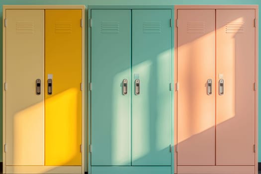 Brightly colored school lockers in yellow, teal, and peach create cheerful atmosphere.