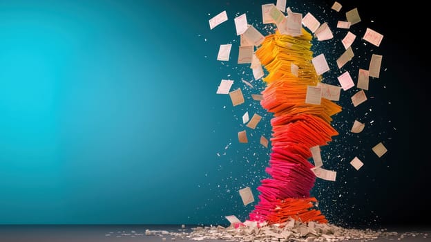 Colorful paper stacks collapsing create dynamic visual of chaos and creativity.