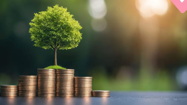 tree growing from stack of coins symbolizes growth and prosperity.