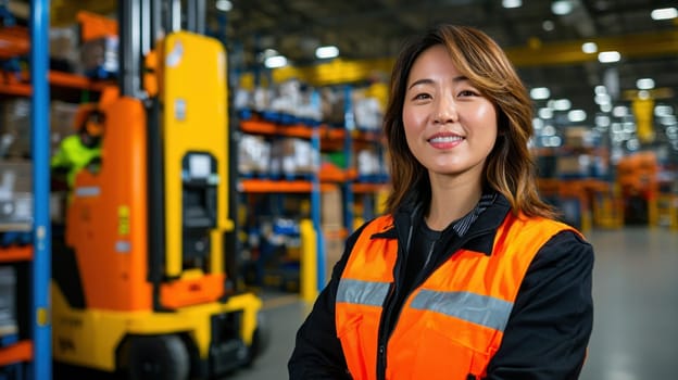 confident woman supervisor in warehouse, wearing safety vest, smiles proudly.