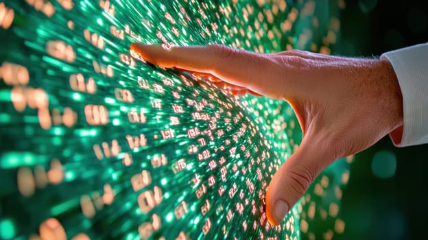 Hand touching digital data display with glowing numbers and symbols.
