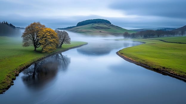 serene river flows through lush countryside, enveloped in soft fog.