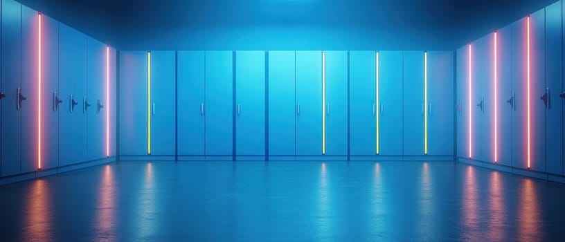 Minimalist gym lockers with vibrant neon lights create modern atmosphere.