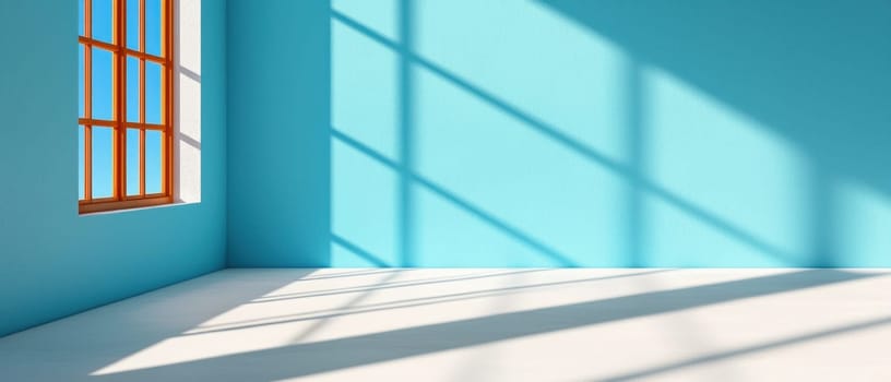 Bright blue wall with window shadows creating serene atmosphere.