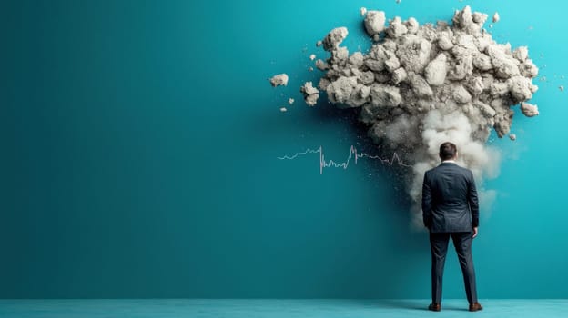 businessman stands in front of wall, witnessing cloud of dust and debris, symbolizing disruption.