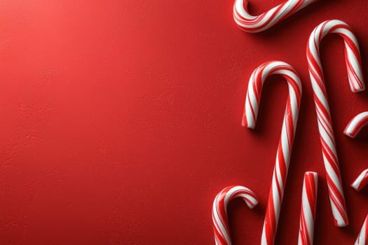Candy canes arranged on vibrant red background create festive atmosphere.