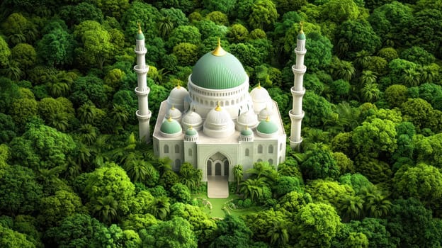 stunning grand Islamic mosque nestled in lush greenery, showcasing intricate architecture and.