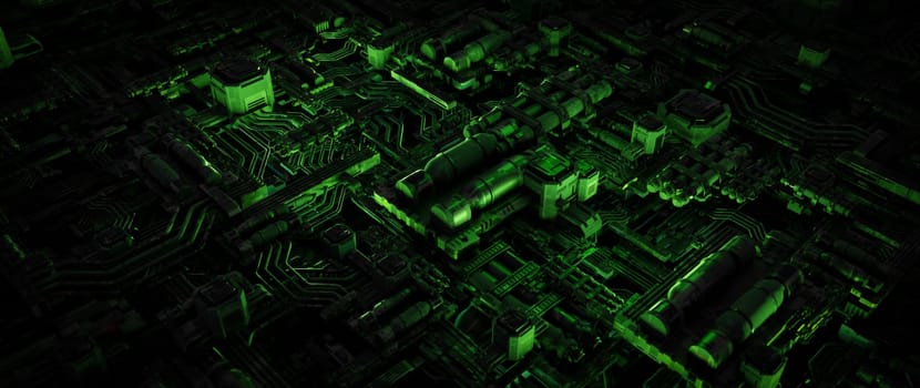 A close-up of a circuit board, with green glow, lines and connections. It is an abstract representation of the complex digital world.