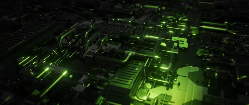 A futuristic abstract 3D render of a green glowing circuitry network, symbolizing technological advancement and the interconnectedness of digital systems.