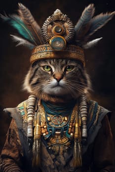 A majestic cat adorned with colorful feathers and exquisite jewelry, embodying a regal warriors essence