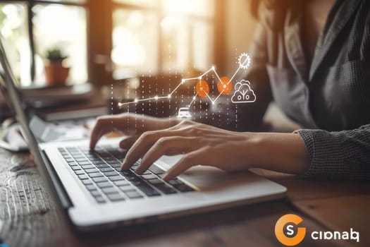 Modern workspace showcasing a writer with seo analytics, vibrant design, and affordable pricing