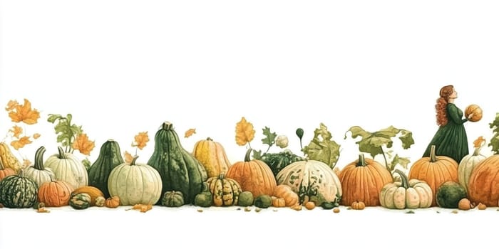 Colorful variety of pumpkins and gourds are creating a seamless horizontal banner on a white background. Perfect image for fall, harvest, or thanksgiving themes