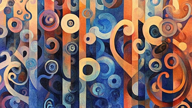 Colorful abstract artwork featuring a dynamic composition of organic shapes, flowing lines, and vibrant colors, evoking a sense of movement and energy