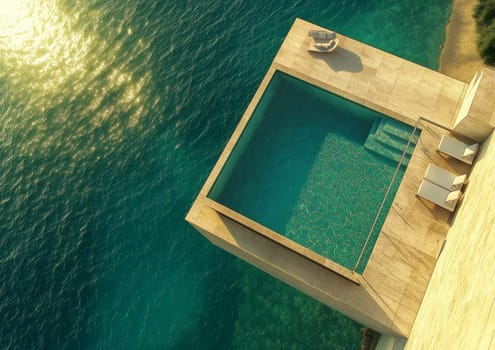 Luxury resort integrates an infinity pool overlooking the ocean, with sunbathers relaxing on poolside loungers under the warm sun