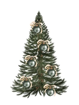 Christmas tree watercolor. Hand drawn vintage evergreen tree with green balls isolated on white background. Clip art of Christmas and New Year symbol. Ideal for greeting cards, posters and home crafts design. High quality illustration