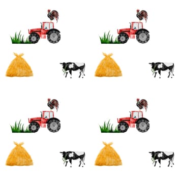 Cute farm animal and tractor. Hand drawn cow, haystack and red tractor on isolated white background. Country style clip art. Ideal for educational cards and posters. High quality illustration