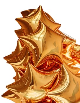 A cluster of shiny golden star-shaped balloons creates a vibrant and festive atmosphere, perfect for celebrations and special events. The reflective surfaces enhance the decor.