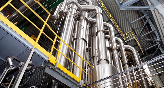 A complex arrangement of shiny metallic pipes is displayed within an industrial facility, illustrating cutting-edge engineering and manufacturing. The structure is designed for efficiency.