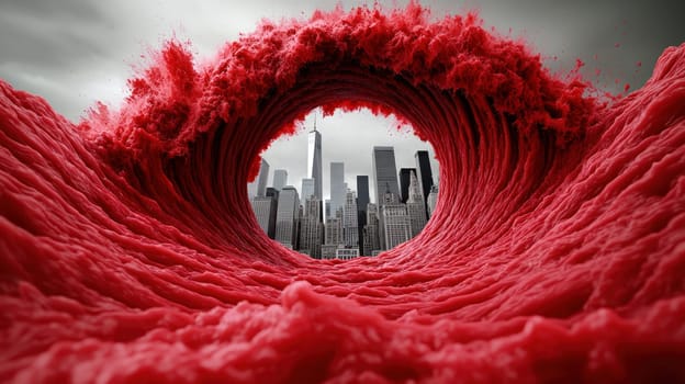 dramatic red wave crashing towards city skyline evokes sense of urgency and chaos.