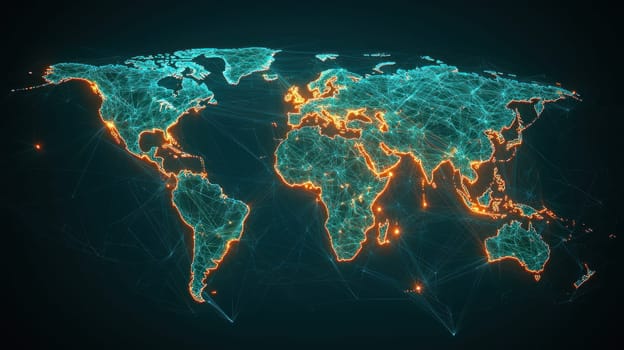 Futuristic digital map showcasing global connections and networks.