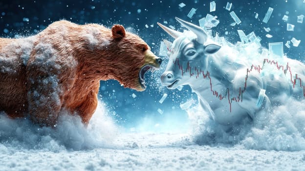 Dramatic image of bear confronting bull statue in snowy environment, symbolizing market dynamics.