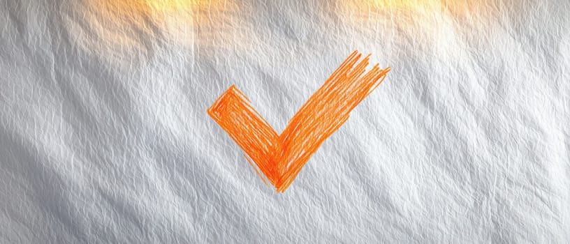 Hand drawn orange checkmark on textured paper, symbolizing approval and positivity.