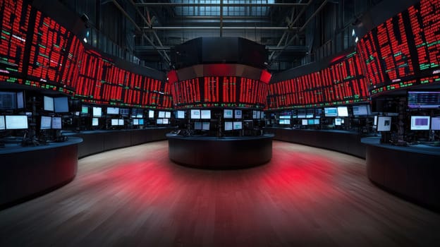 dark trading room filled with glowing red screens displaying stock market data creates tense.