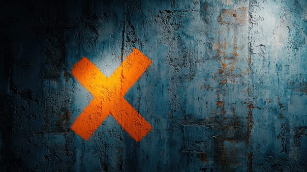 vibrant orange checkmark on textured blue wall creates striking visual contrast.