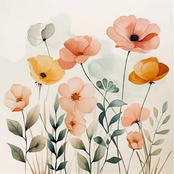 A beautiful arrangement of watercolor flowers in delicate pastel shades showcases various blossoms among lush green leaves, evoking a peaceful ambiance.