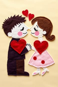 Two cartoon characters holding hands, about to kiss, surrounded by red hearts, symbolizing love and affection. Perfect for greeting cards, invitations, weddings