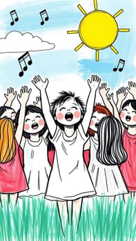 Kids happily singing together under a sunny sky, surrounded by nature's vibrant colors, radiating joy and friendship